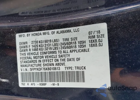 2019 Honda Ridgeline Rtl z USA, uszkodzony, nr VIN 5FPYK3F76KB010613